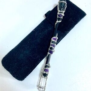 Handcrafted Black Crystal Amethyst Wand 6” Sedona Artisan w Velvet Pouch